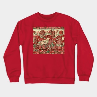 FANTASTIC ANIMALS AND HORSES IN WOODLAND Red White Green Antique French Tapestry Crewneck Sweatshirt